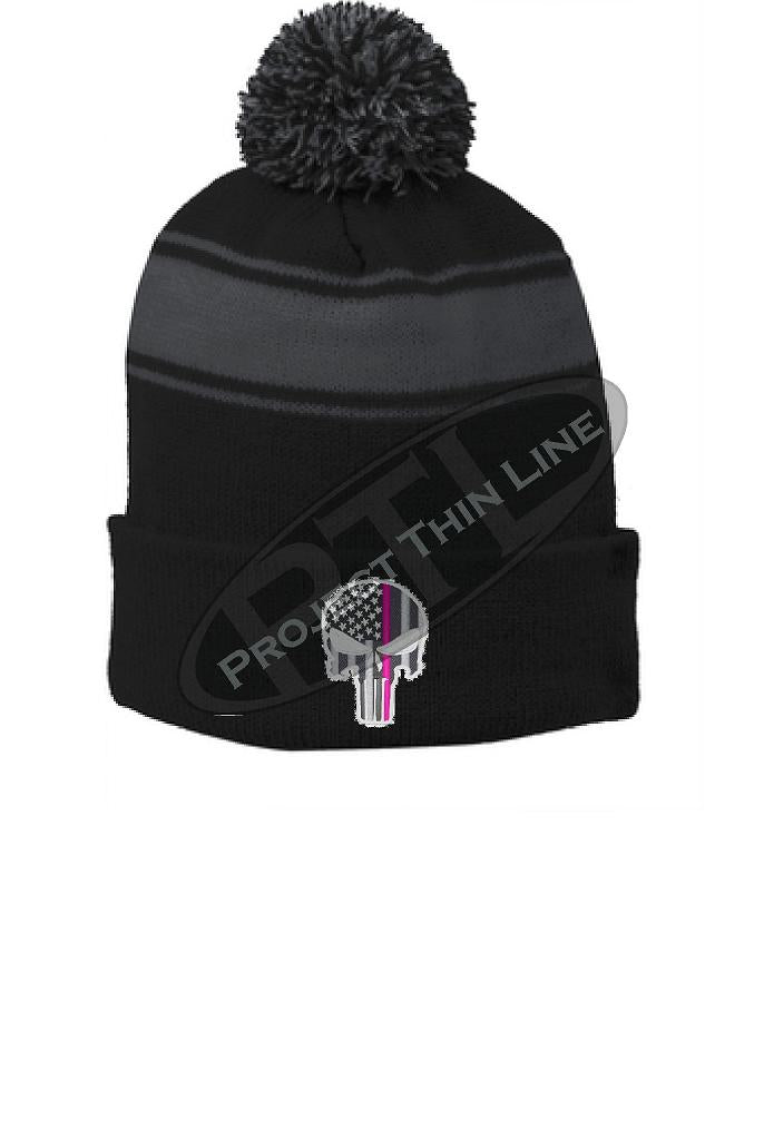 Thin PINK Line Embroidered Skull Black Pom Pom Winter Hat