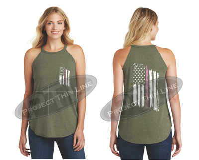 OD Green Tattered Thin PINK Line American Flag Rocker Tank Top