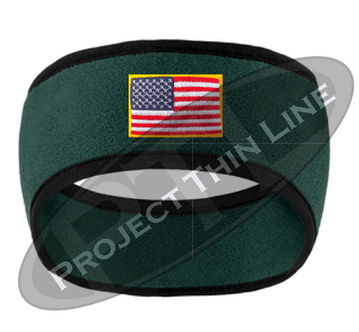 Green Fleece Headband Black Edging with Full Color American Flag