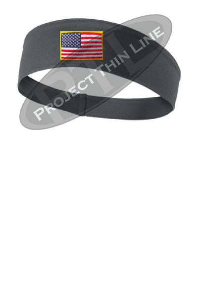 Grey Moisture Wicking headband embroidered with the American Flag