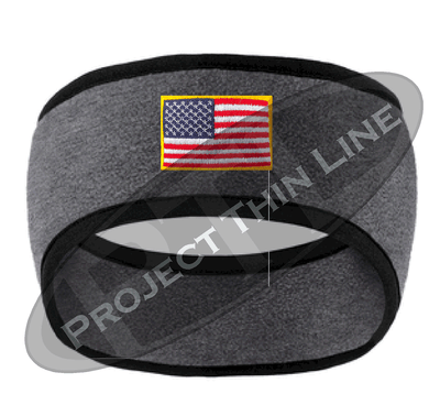 Grey Fleece Headband Black Edging with Full Color American Flag