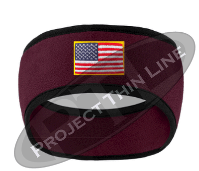 Burgundy Fleece Headband Black Edging with Full Color American Flag
