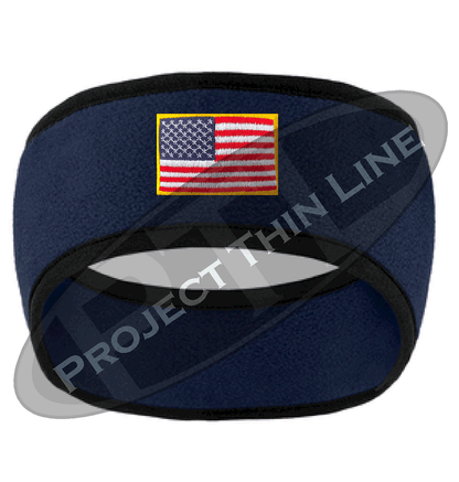 Navy Blue Fleece Headband Black Edging with Full Color American Flag