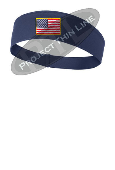 Navy Moisture Wicking headband embroidered with the American Flag