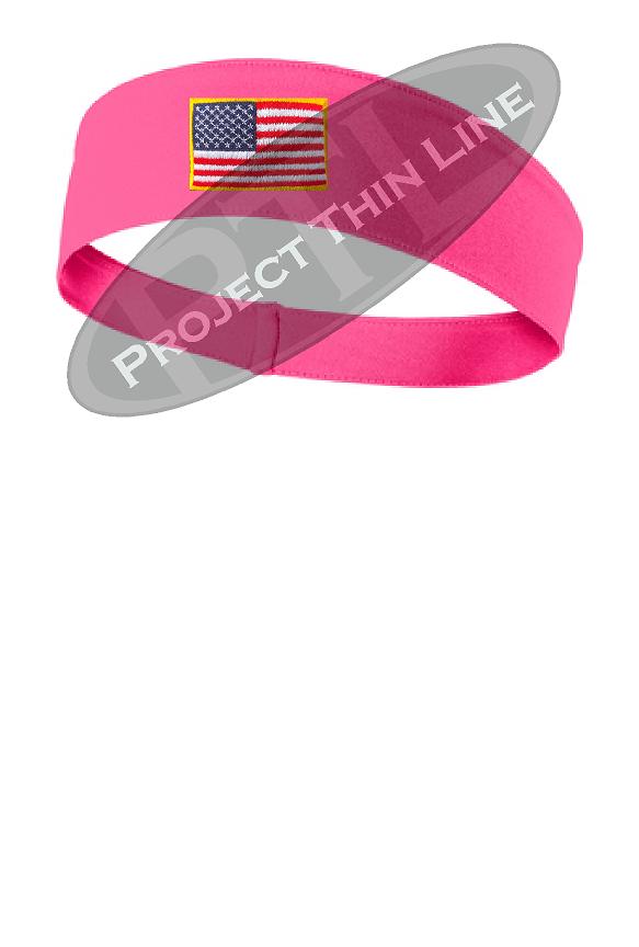 Pink Moisture Wicking headband embroidered with the American Flag