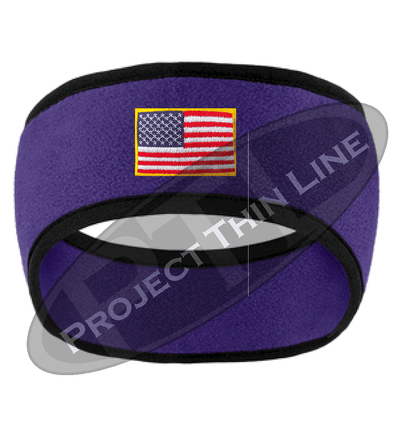 Purple Fleece Headband Black Edging with Full Color American Flag
