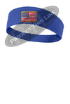 Royal Blue Moisture Wicking headband embroidered with the American Flag
