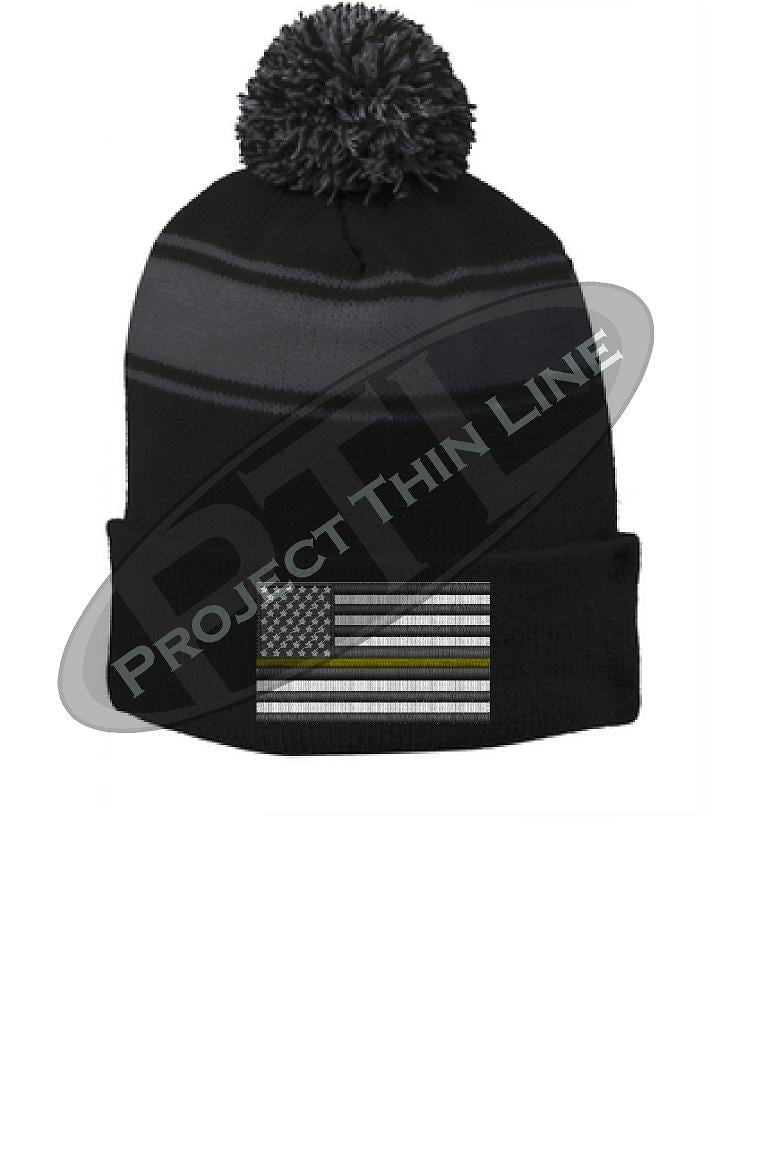 Thin GOLD Line Embroidered Flag Black Pom Pom Winter Hat