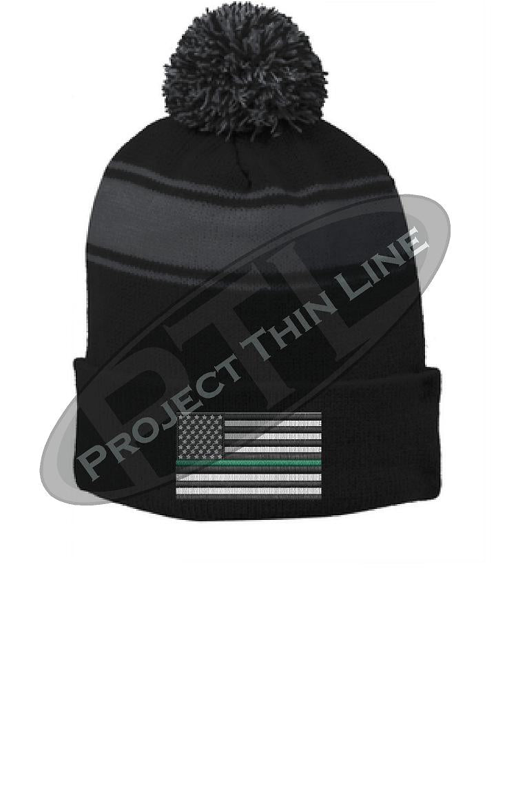 Thin GREEN Line Embroidered FLAG Black Pom Pom Winter Hat