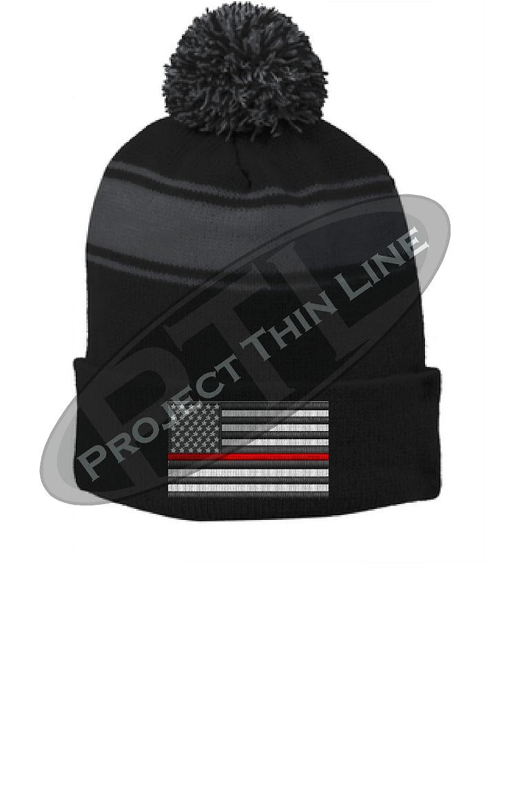 Thin RED Line Embroidered FLAG Black Pom Pom Winter Hat