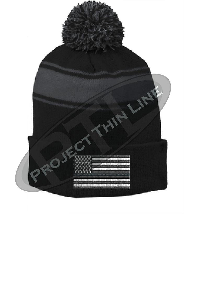 Thin SILVER Line Embroidered FLAG Black Pom Pom Winter Hat