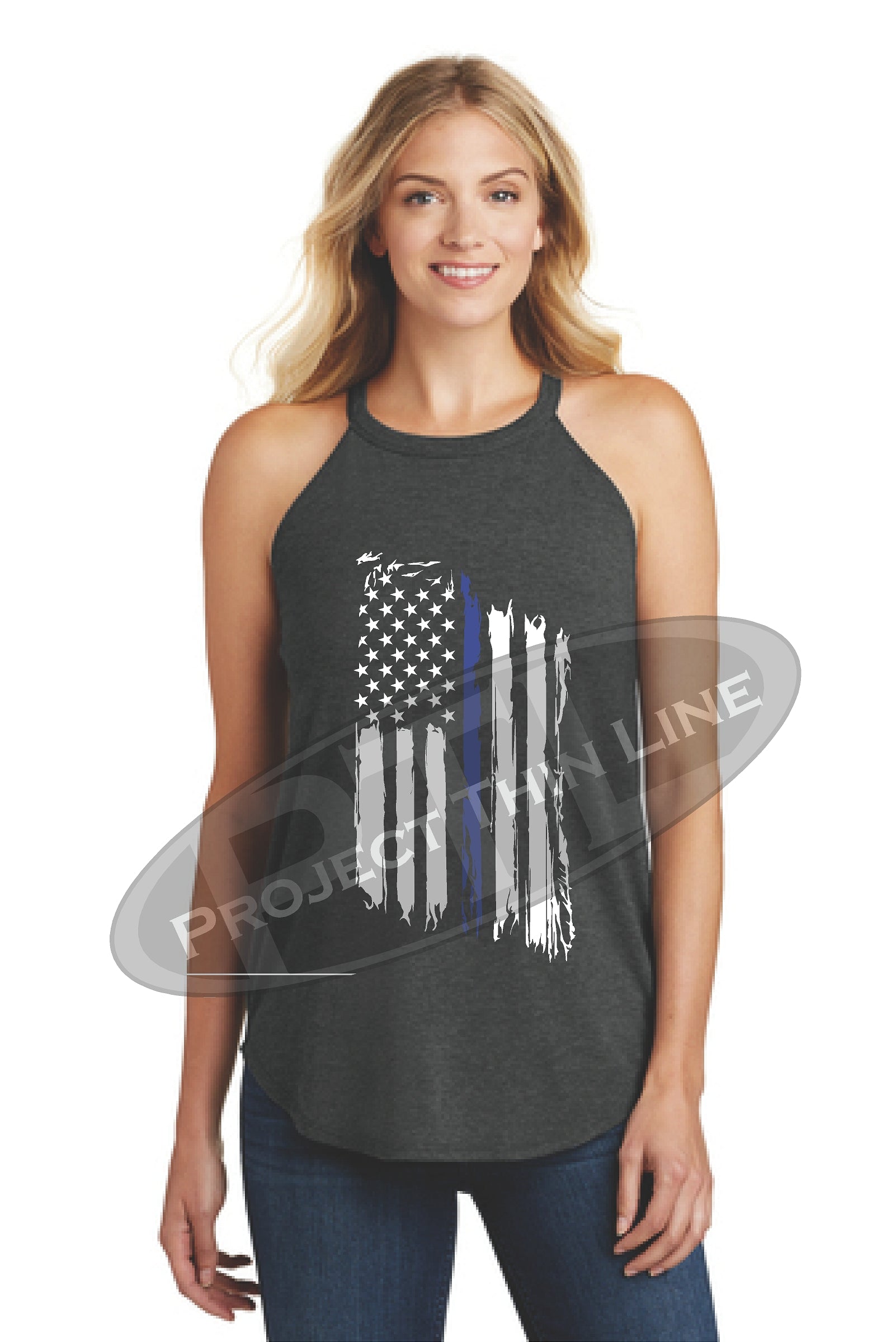 Black Tattered Thin Blue Line American Flag Rocker Tank Top - FRONT