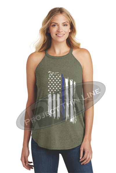 OD Green Tattered Thin Blue Line American Flag Rocker Tank Top - FRONT