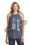 Navy Tattered Thin Blue Line American Flag Rocker Tank Top - FRONT