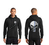 Thin BLUE Line Punisher Skull inlayed with the Tattered American Flag Hooded Sweatshirt