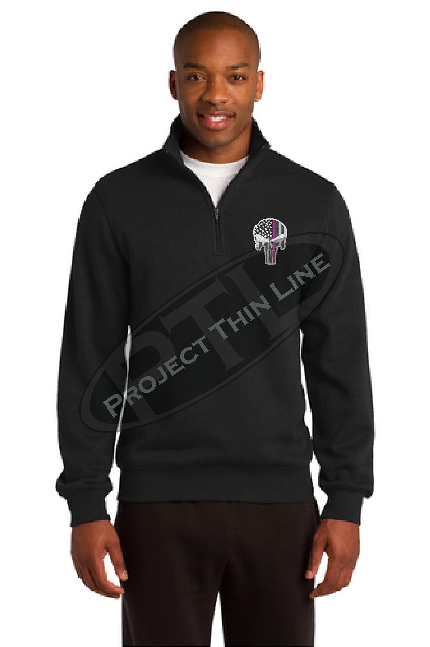 Men's Black Thin Pink Line Punisher Skull 1/4 Zip Fleece Sweatshirt