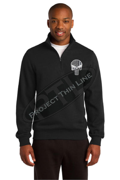 BLACK Embroidered Thin Silver Line Skull Punisher inlayed with American Flag 1/4 Zip Fleece Sweatshirt