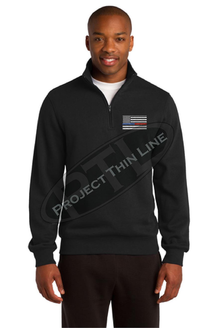 Black Embroidered Thin Blue / Red Line American Flag 1/4 Zip Fleece Sweatshirt