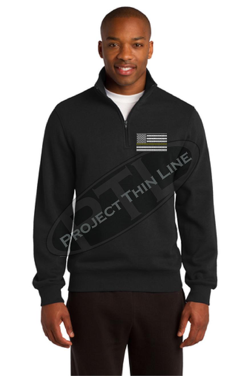 Black Embroidered Thin Yellow Line American Flag 1/4 Zip Fleece Sweatshirt