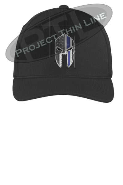 black  Flex Fit Hat Spartan Helmet with Thin Blue Line