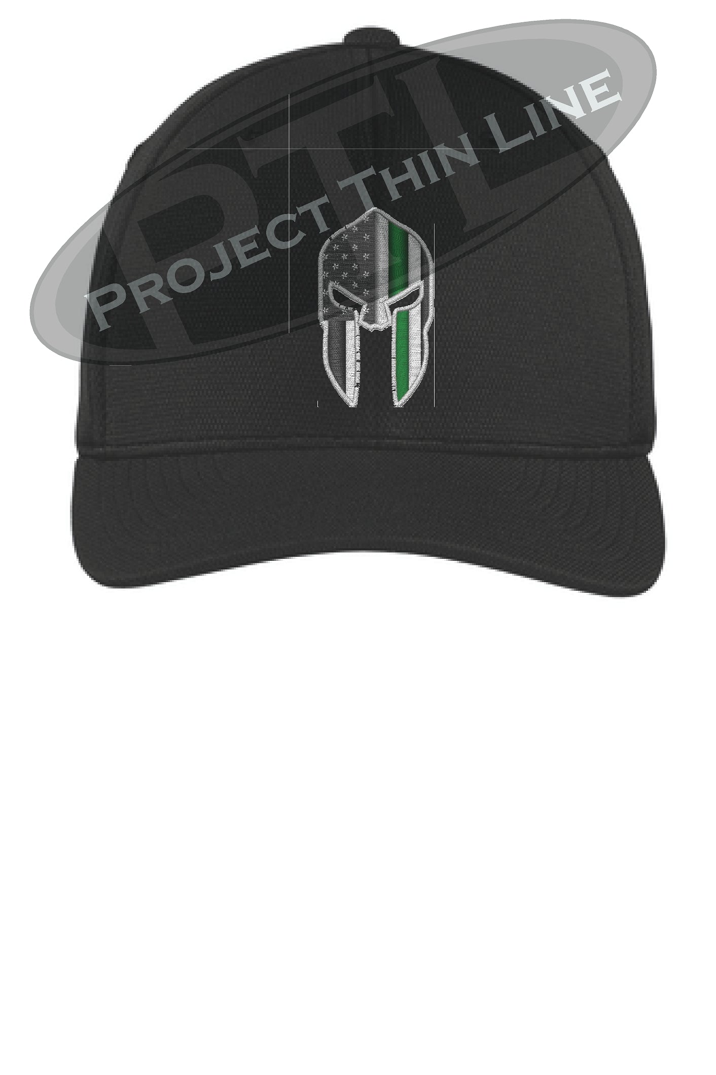 Black Flex Fit Hat Spartan Helmet with Thin GREEN Line