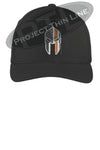 BLACK  Thin ORANGE Line Spartan inlayed with the American Flag Flex Fit Fitted TRUCKER Hat