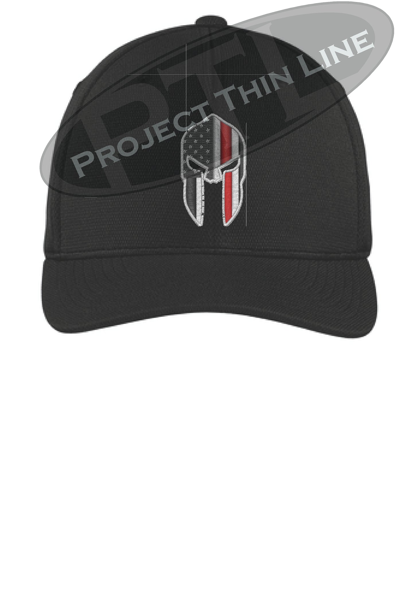 Black Flex Fit Hat Spartan Helmet with Thin RED Line