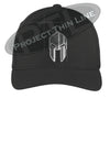 Black Flex Fit Hat Spartan Helmet with Thin Silver Line