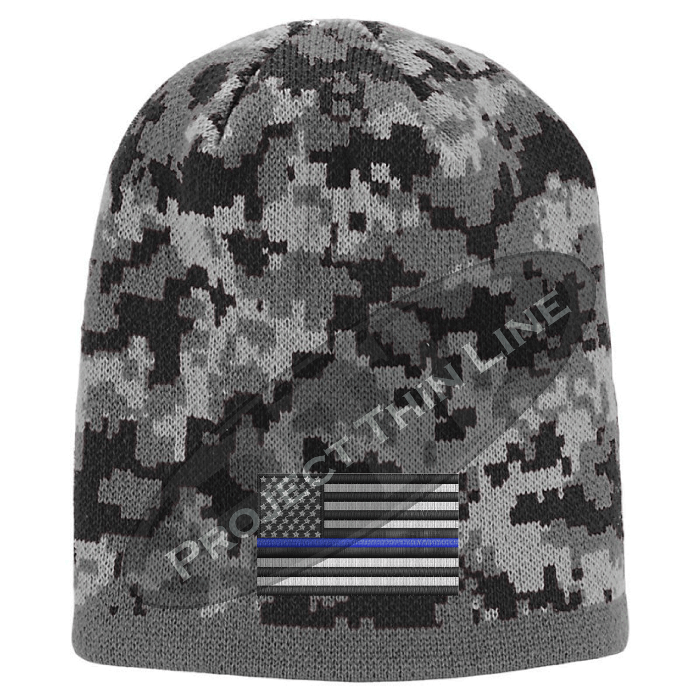 Camouflage embroidered Subdued Thin BLUE Line American FLAG Skull Cap