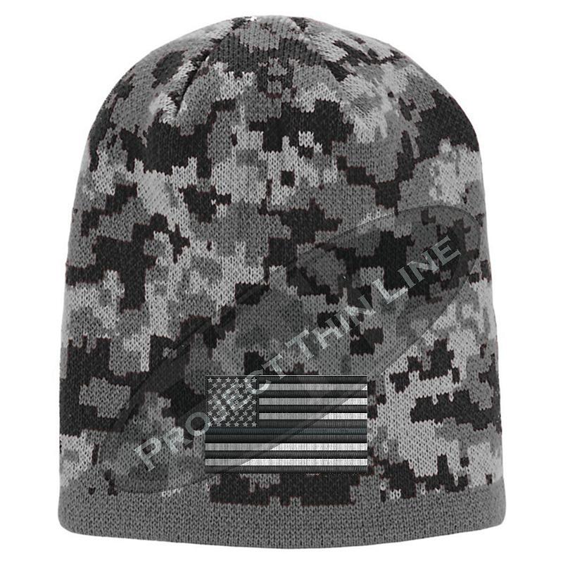 Black Camo skull cap embroidered with Subdued Thin Silver Line American Flag