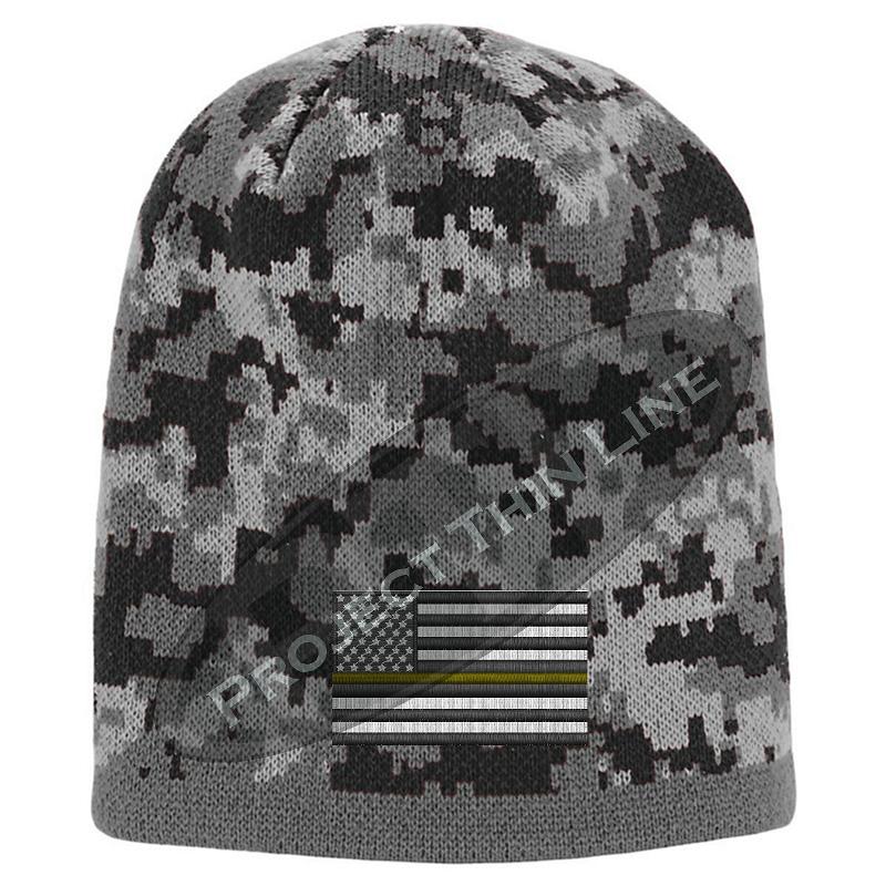 Black Camo skull cap embroidered with Subdued Thin YELLOW Line American Flag