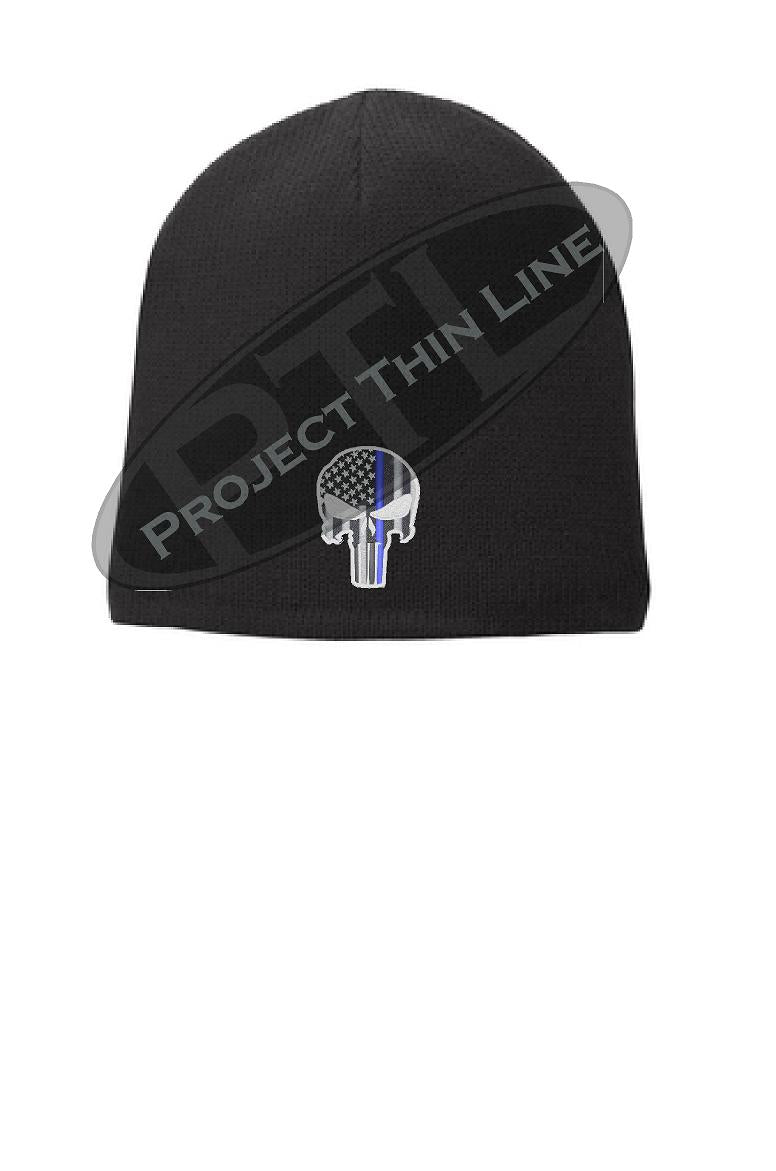 BLACK skull cap with Thin BLUE Line Punisher Skull inlayed with a subdued American Flag