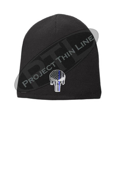 BLACK Thin BLUE Line Punisher Skull Slouch Beanie Hat