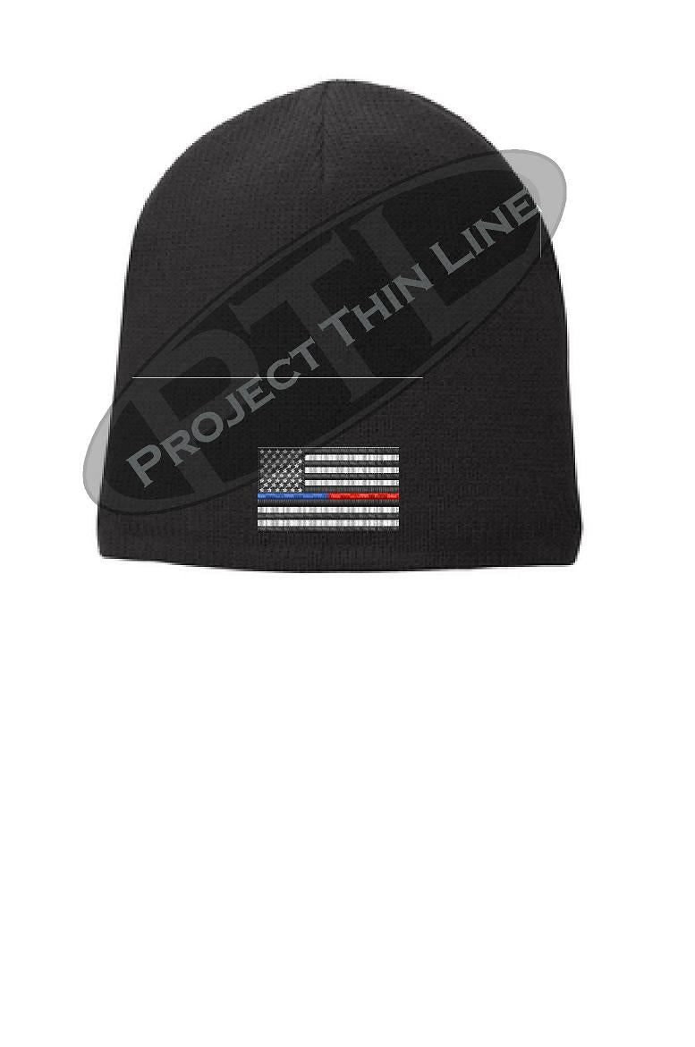 BLACK Thin BLUE / RED Line FLAG Skull FLEECE LINED Skull Cap