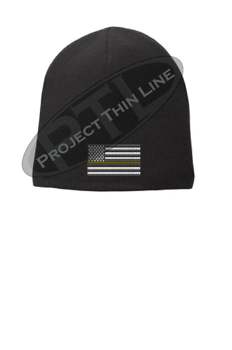 Black Thin GOLD Line American FLAG Skull Beanie Hat Cap