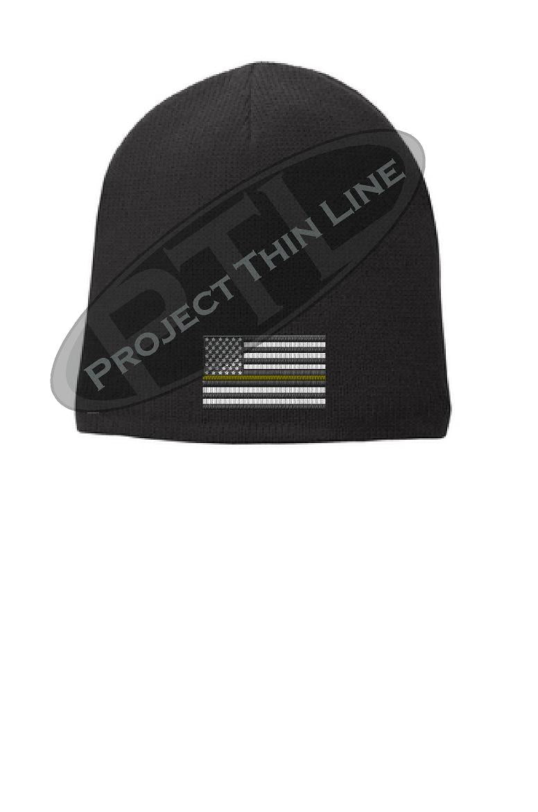 Black Thin GOLD Line FLAG Skull FLEECE LINED Beanie Hat Cap