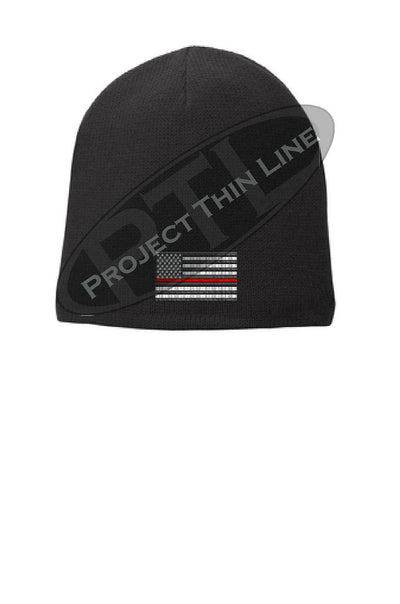 BLACK Thin RED Line Flag Slouch Beanie Hat