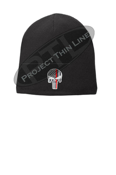 BLACK Thin RED Line Skull Punisher Slouch Beanie Hat