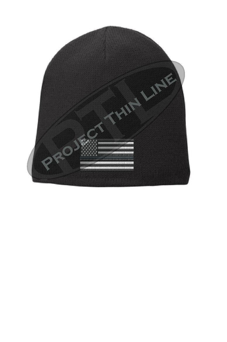 Black Thin Silver Line FLAG Slouch Beanie Hat