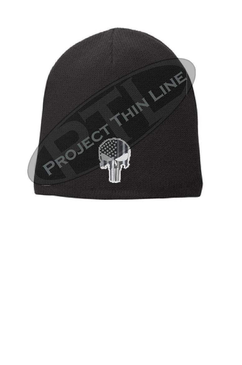 BLACK Thin SILVER Line PUNISHER Skull Beanie Cap