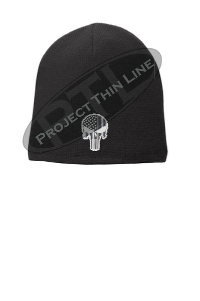 Black Thin Silver Line Skull Punisher Slouch Beanie Hat