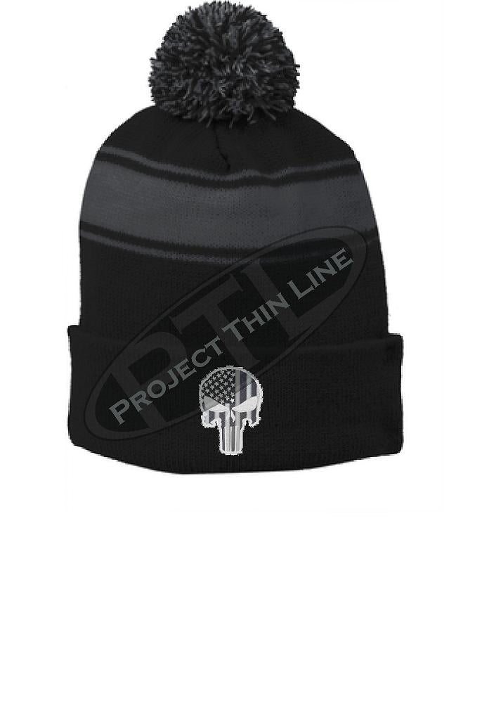 Subdued Line Punisher Skull American Flag POM POM Winter Hat