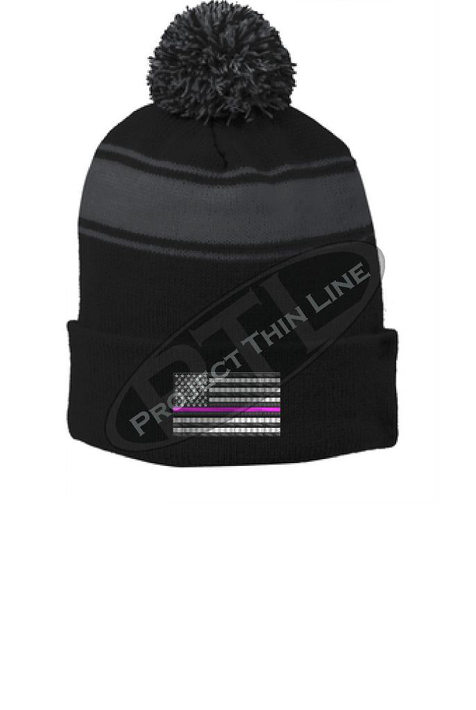 Thin Pink Line Embroidered FLAG Black Pom Pom Winter Hat