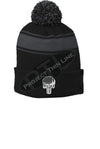 Thin SILVER Line Embroidered Skull Black Pom Pom Winter Hat