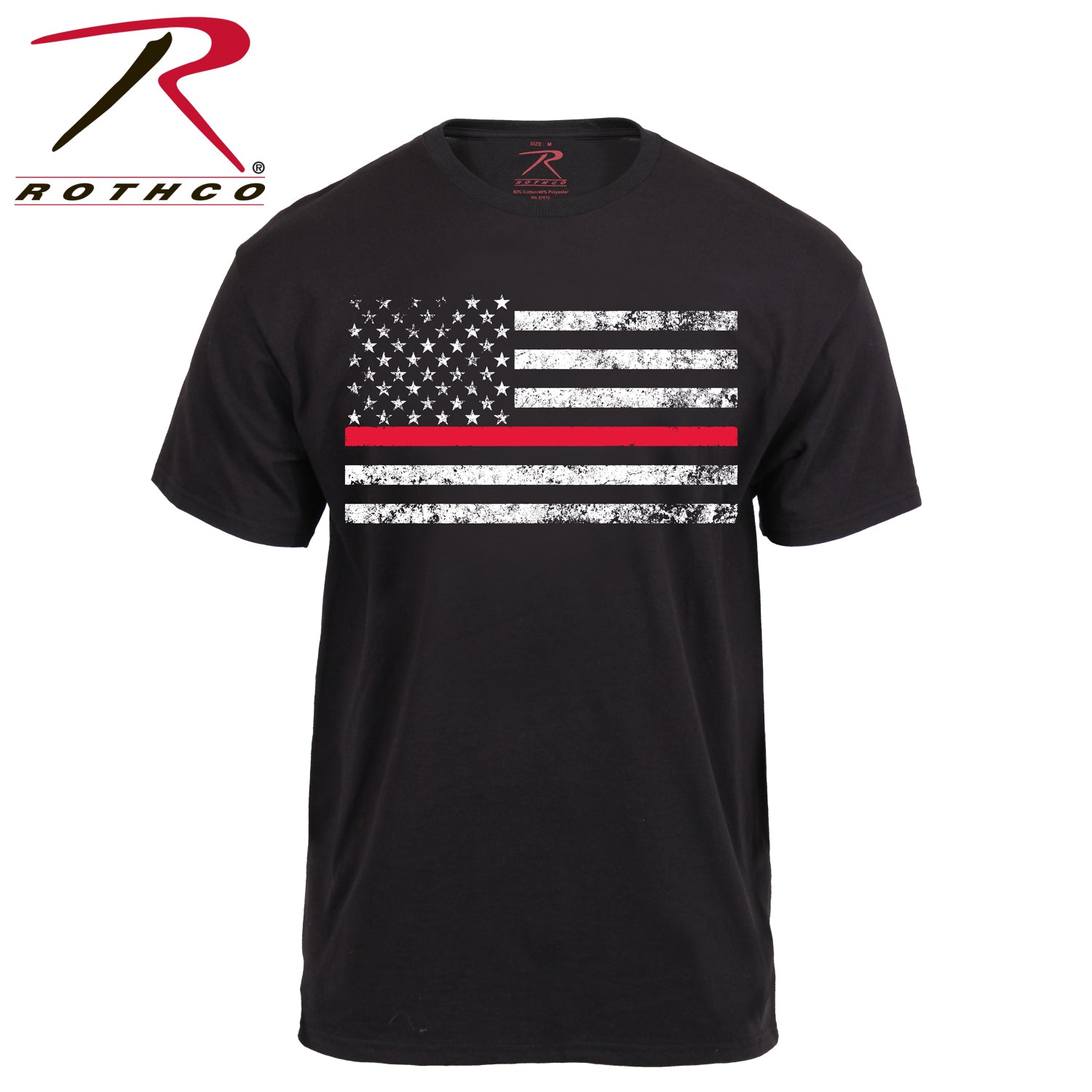Rothco Thin RED Line T-Shirt Black Short Sleeve w Tattered Flag