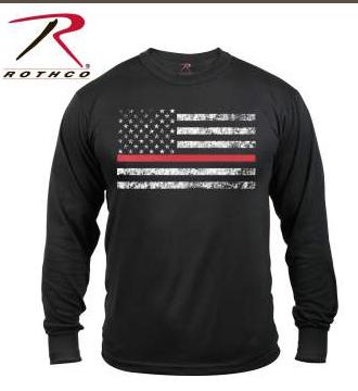 Rothco Thin Red Line T-Shirt Black Long Sleeve w Tattered Flag