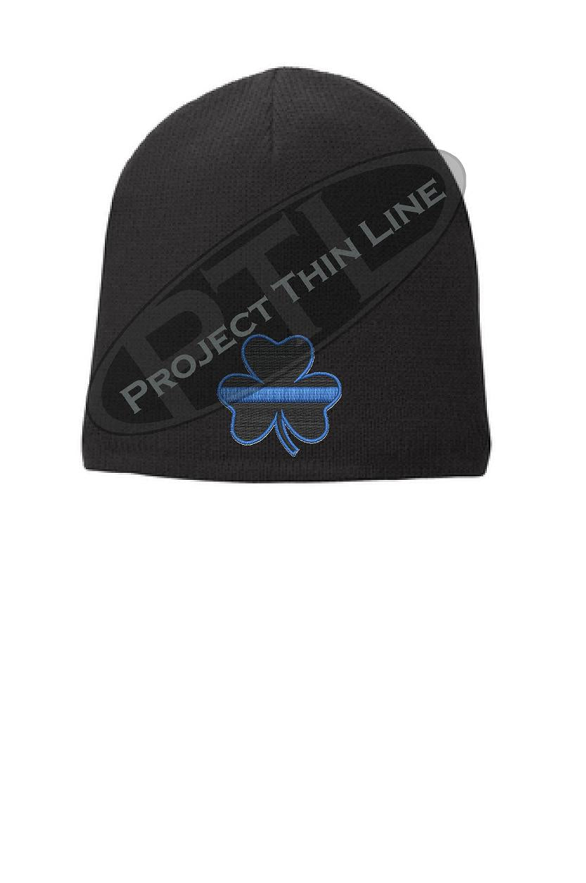 Black Skull Cap embroidered with a Black Shamrock with thin Blue line