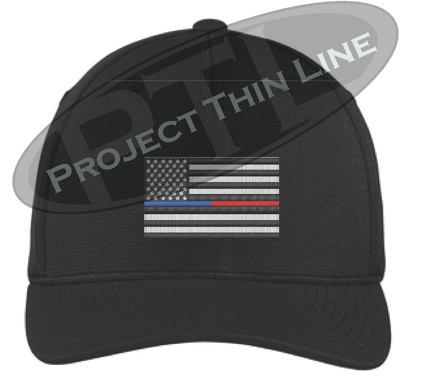 Embroidered Thin Blue / Red Line American Flag Flex Fit Fitted TRUCKER Hat