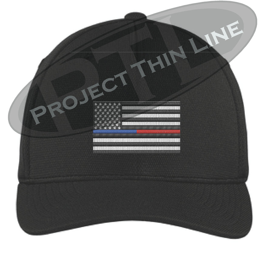 Black Embroidered Thin Blue / Red Line American Flag Flex Fit Fitted Trucker Hat