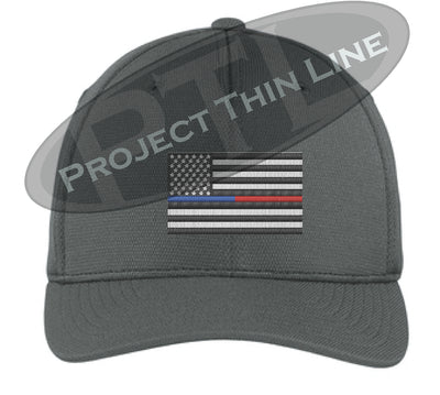 Dark Grey Embroidered Thin Blue / Red Line American Flag Flex Fit Fitted Trucker Hat